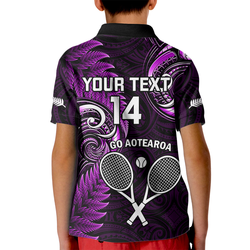 Custom New Zealand Tiki Tennis Kid Polo Shirt 2024 Aotearoa Tenehi Maori Silver Fern - Purple - Vibe Hoodie Shop