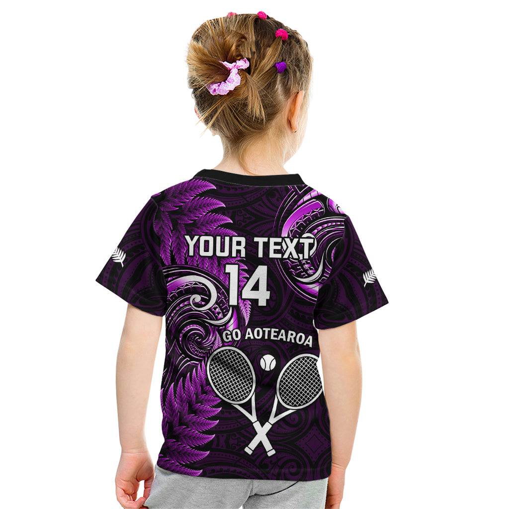 Custom New Zealand Tiki Tennis Kid T Shirt 2024 Aotearoa Tenehi Maori Silver Fern - Purple - Vibe Hoodie Shop