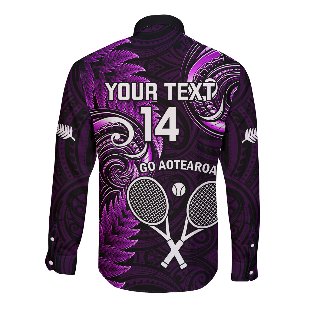 Custom New Zealand Tiki Tennis Long Sleeve Button Shirt 2024 Aotearoa Tenehi Maori Silver Fern - Purple - Vibe Hoodie Shop