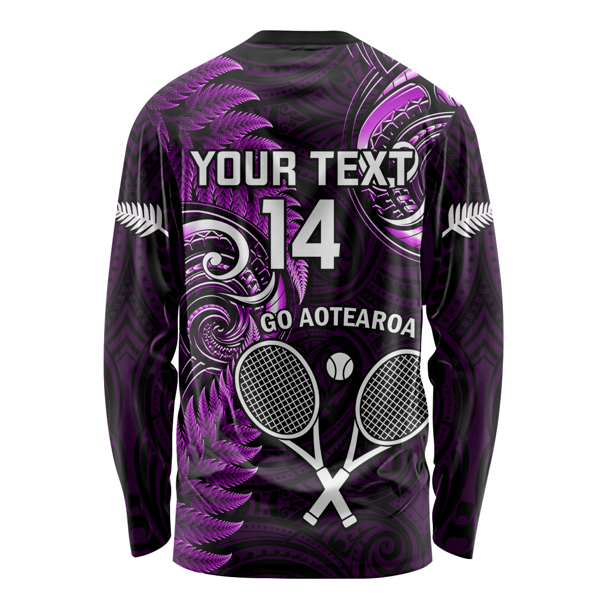 Custom New Zealand Tiki Tennis Long Sleeve Shirt 2024 Aotearoa Tenehi Maori Silver Fern - Purple - Vibe Hoodie Shop