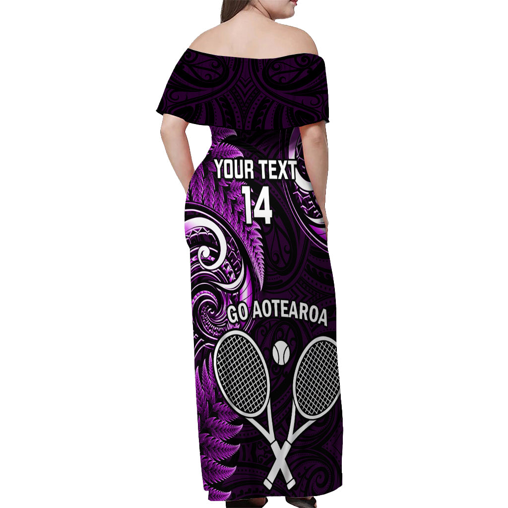 Custom New Zealand Tiki Tennis Off Shoulder Maxi Dress 2024 Aotearoa Tenehi Maori Silver Fern - Purple