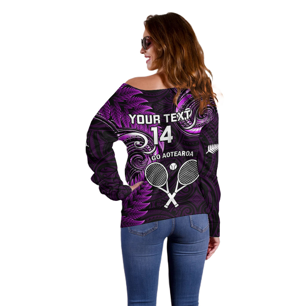 Custom New Zealand Tiki Tennis Off Shoulder Sweater 2024 Aotearoa Tenehi Maori Silver Fern - Purple - Vibe Hoodie Shop