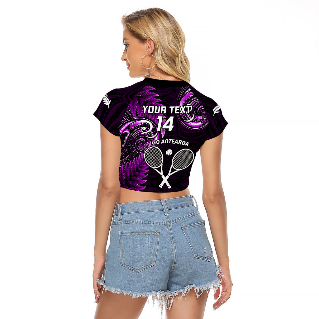 Custom New Zealand Tiki Tennis Raglan Cropped T Shirt 2024 Aotearoa Tenehi Maori Silver Fern - Purple - Vibe Hoodie Shop