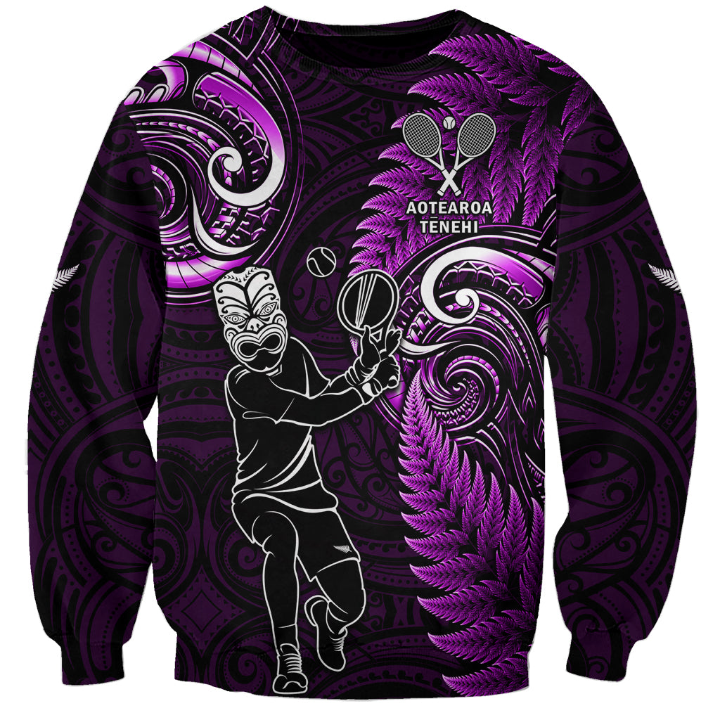 Custom New Zealand Tiki Tennis Sweatshirt 2024 Aotearoa Tenehi Maori Silver Fern - Purple - Vibe Hoodie Shop