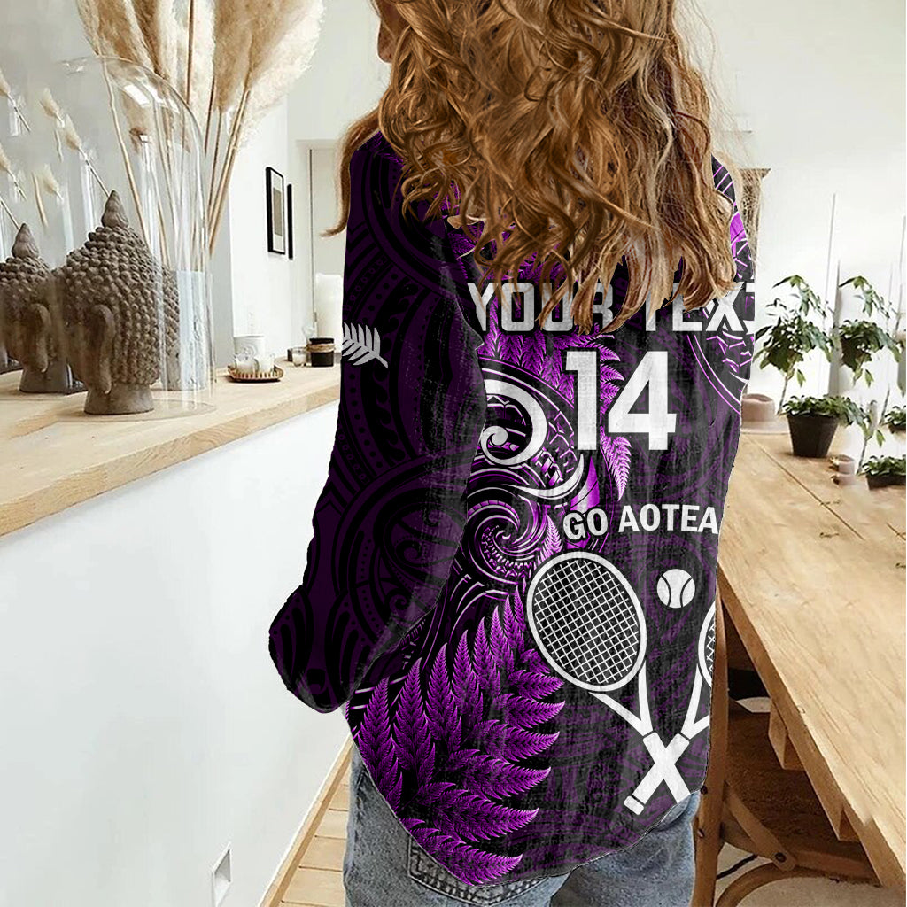 Custom New Zealand Tiki Tennis Women Casual Shirt 2024 Aotearoa Tenehi Maori Silver Fern - Purple - Vibe Hoodie Shop