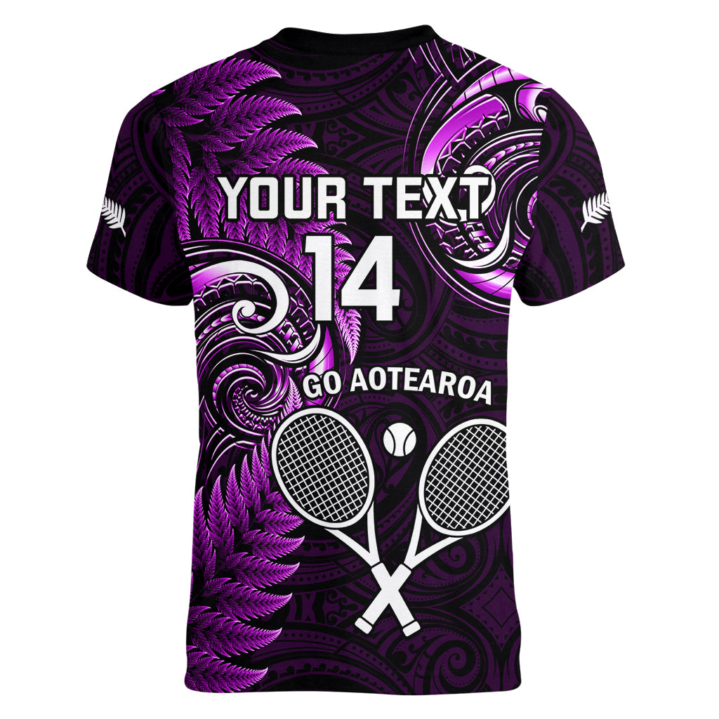 Custom New Zealand Tiki Tennis Women V Neck T Shirt 2024 Aotearoa Tenehi Maori Silver Fern - Purple - Vibe Hoodie Shop