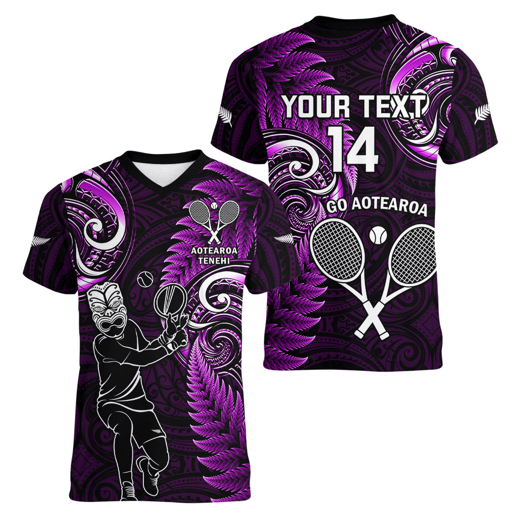 Custom New Zealand Tiki Tennis Women V Neck T Shirt 2024 Aotearoa Tenehi Maori Silver Fern - Purple - Vibe Hoodie Shop