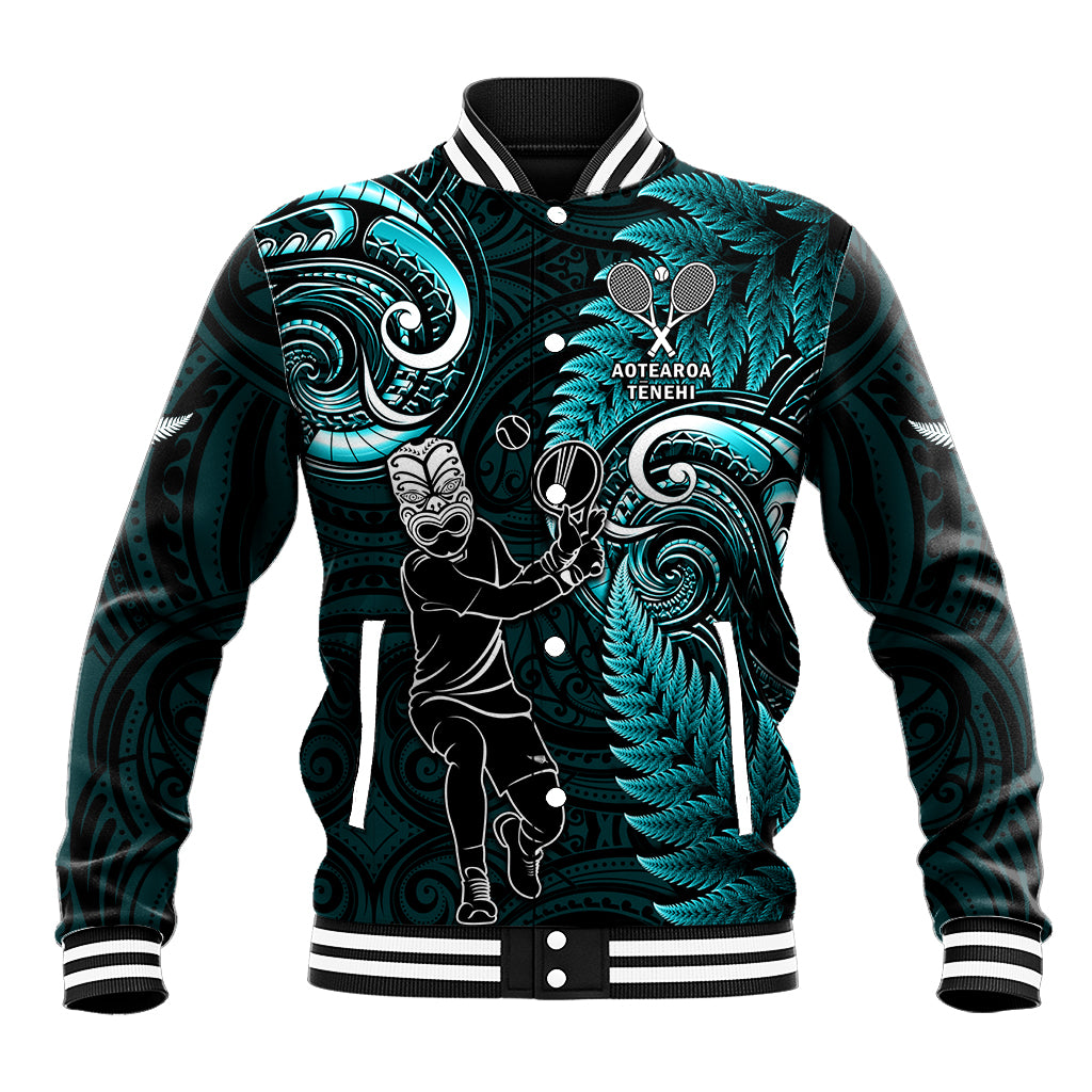 New Zealand Tiki Tennis Baseball Jacket 2024 Aotearoa Tenehi Maori Silver Fern - Turquoise - Vibe Hoodie Shop