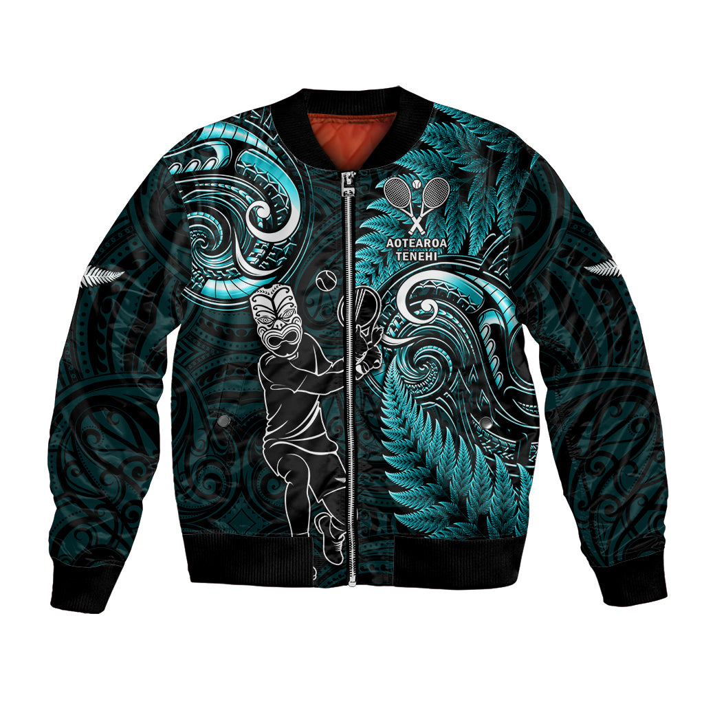 New Zealand Tiki Tennis Bomber Jacket 2024 Aotearoa Tenehi Maori Silver Fern - Turquoise - Vibe Hoodie Shop