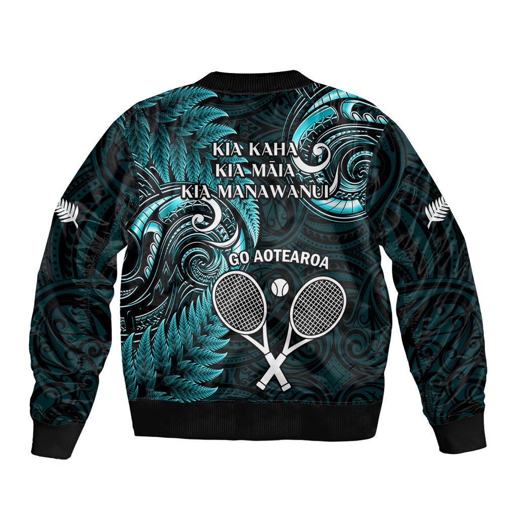 New Zealand Tiki Tennis Bomber Jacket 2024 Aotearoa Tenehi Maori Silver Fern - Turquoise - Vibe Hoodie Shop