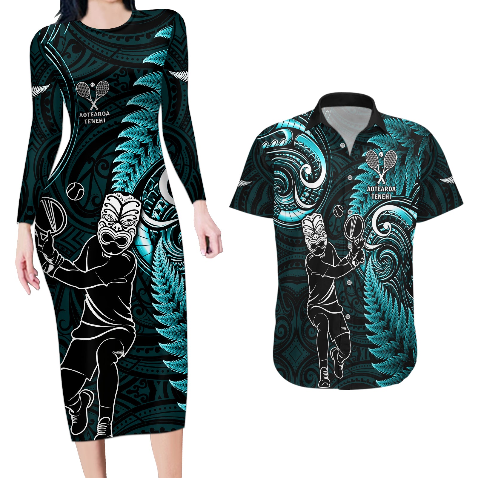 New Zealand Tiki Tennis Couples Matching Long Sleeve Bodycon Dress and Hawaiian Shirt 2024 Aotearoa Tenehi Maori Silver Fern - Turquoise