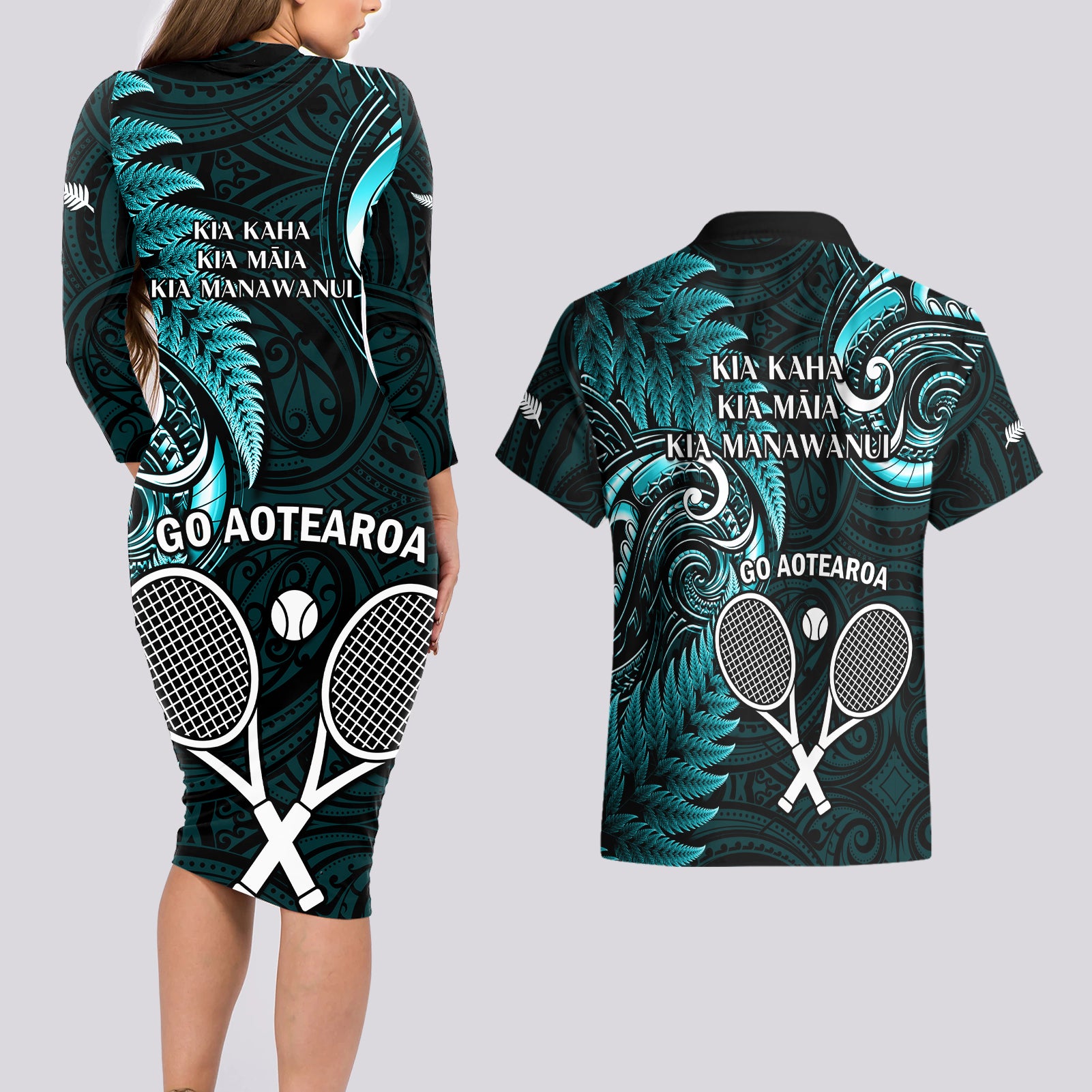 New Zealand Tiki Tennis Couples Matching Long Sleeve Bodycon Dress and Hawaiian Shirt 2024 Aotearoa Tenehi Maori Silver Fern - Turquoise