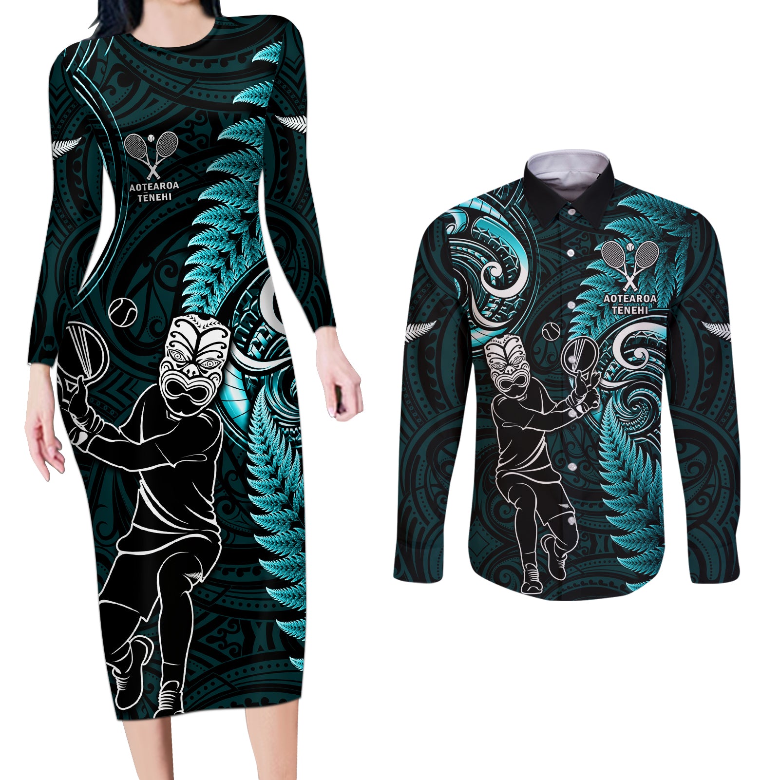 New Zealand Tiki Tennis Couples Matching Long Sleeve Bodycon Dress and Long Sleeve Button Shirt 2024 Aotearoa Tenehi Maori Silver Fern - Turquoise