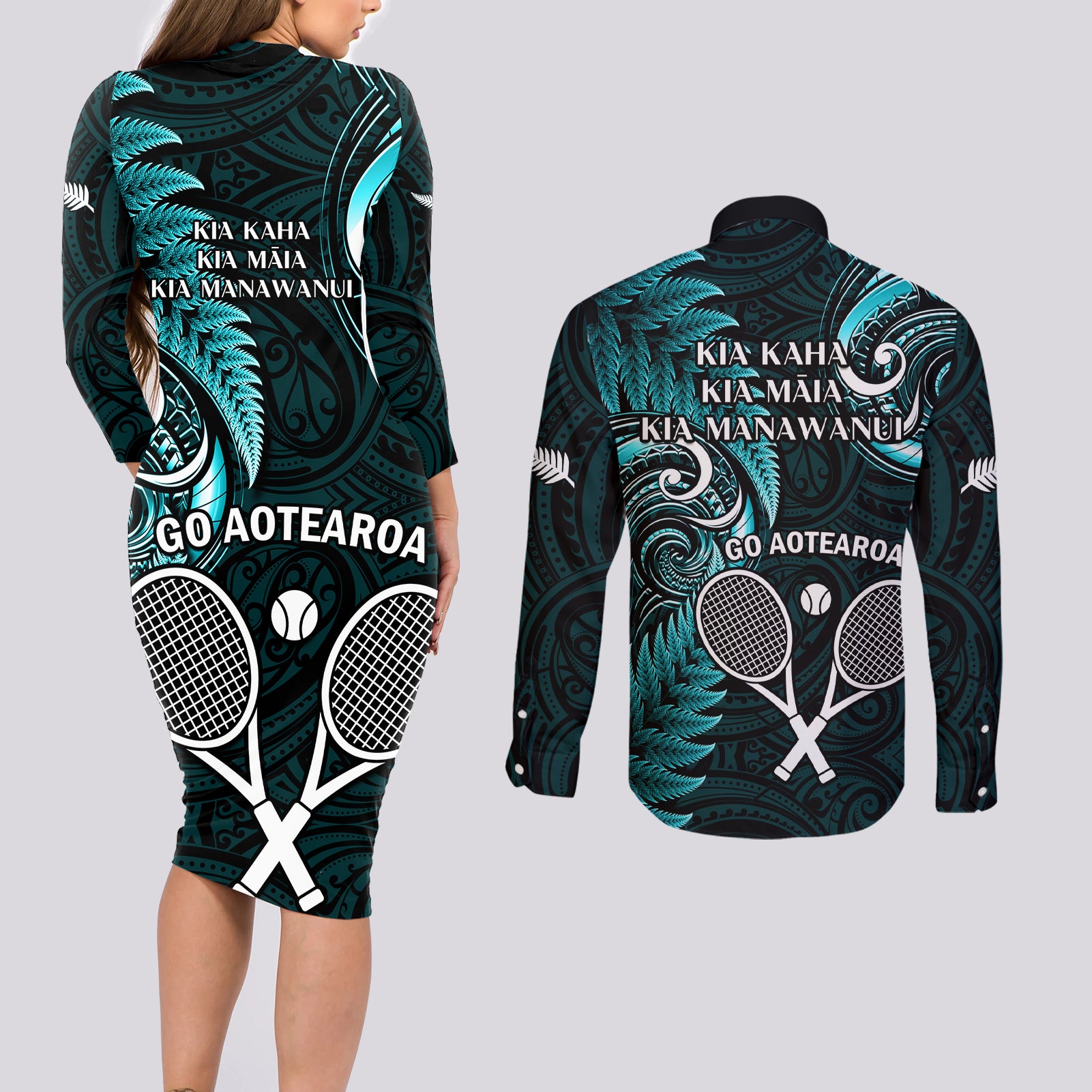 New Zealand Tiki Tennis Couples Matching Long Sleeve Bodycon Dress and Long Sleeve Button Shirt 2024 Aotearoa Tenehi Maori Silver Fern - Turquoise