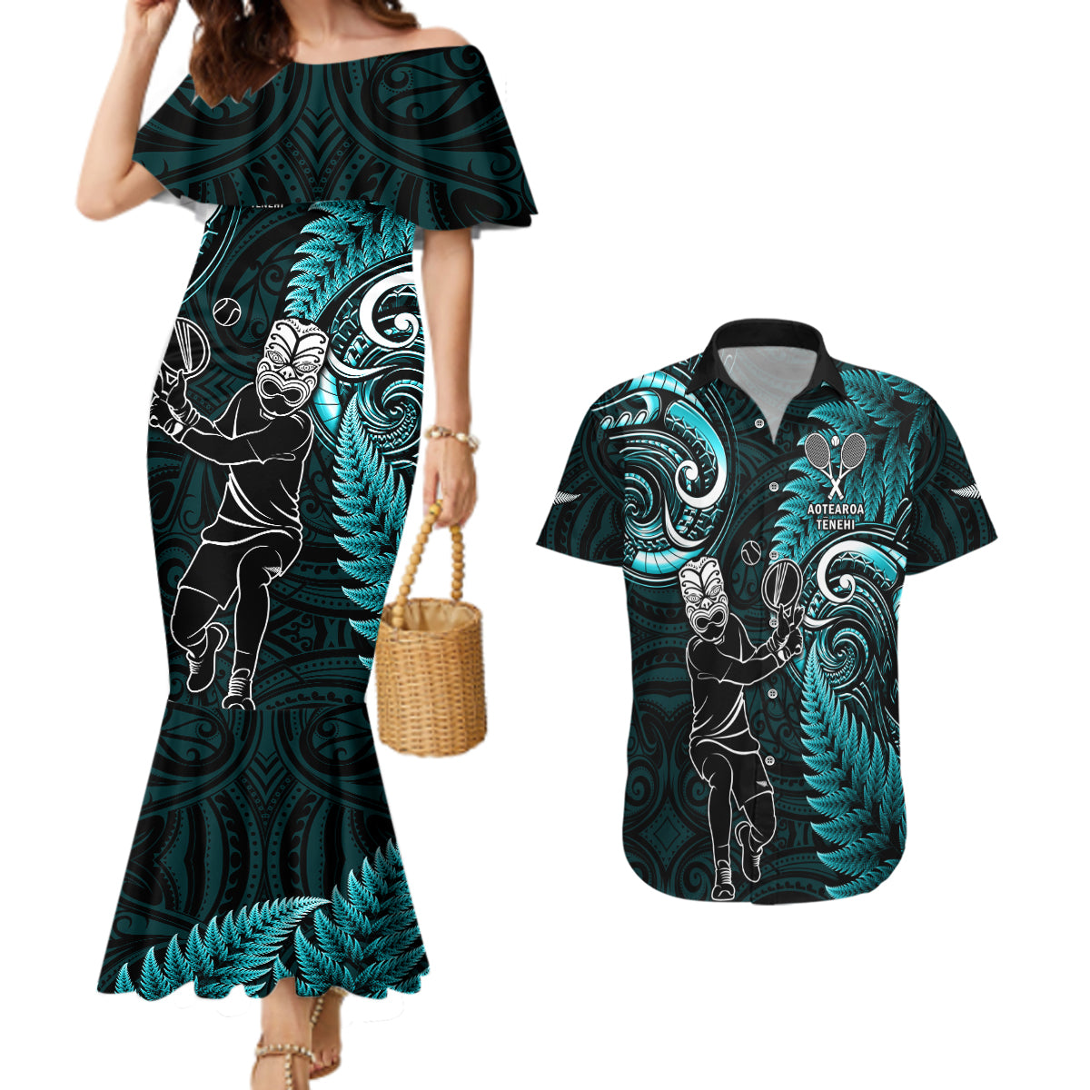 New Zealand Tiki Tennis Couples Matching Mermaid Dress and Hawaiian Shirt 2024 Aotearoa Tenehi Maori Silver Fern - Turquoise