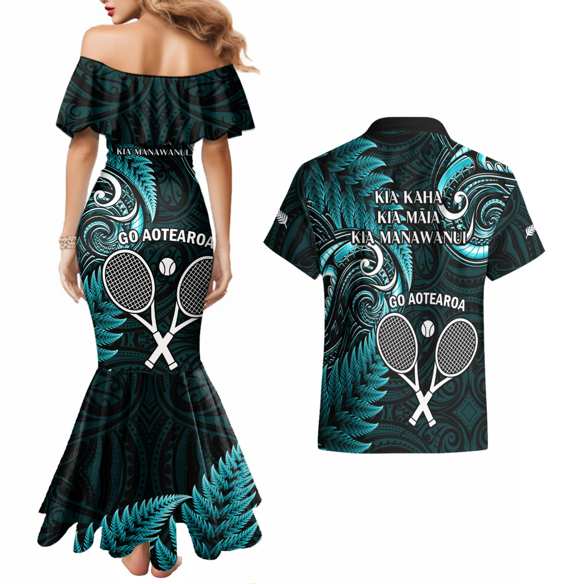 New Zealand Tiki Tennis Couples Matching Mermaid Dress and Hawaiian Shirt 2024 Aotearoa Tenehi Maori Silver Fern - Turquoise