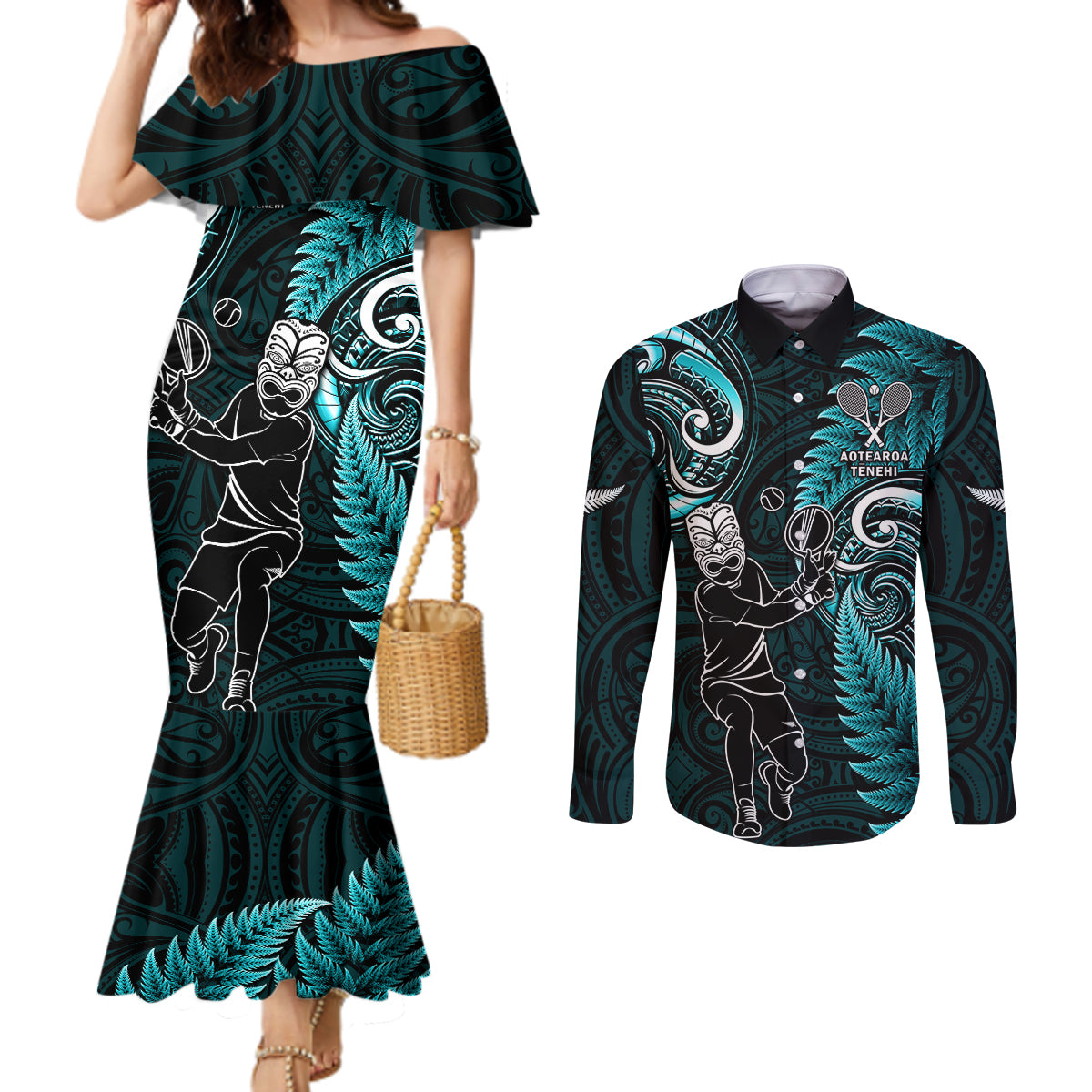 New Zealand Tiki Tennis Couples Matching Mermaid Dress and Long Sleeve Button Shirt 2024 Aotearoa Tenehi Maori Silver Fern - Turquoise