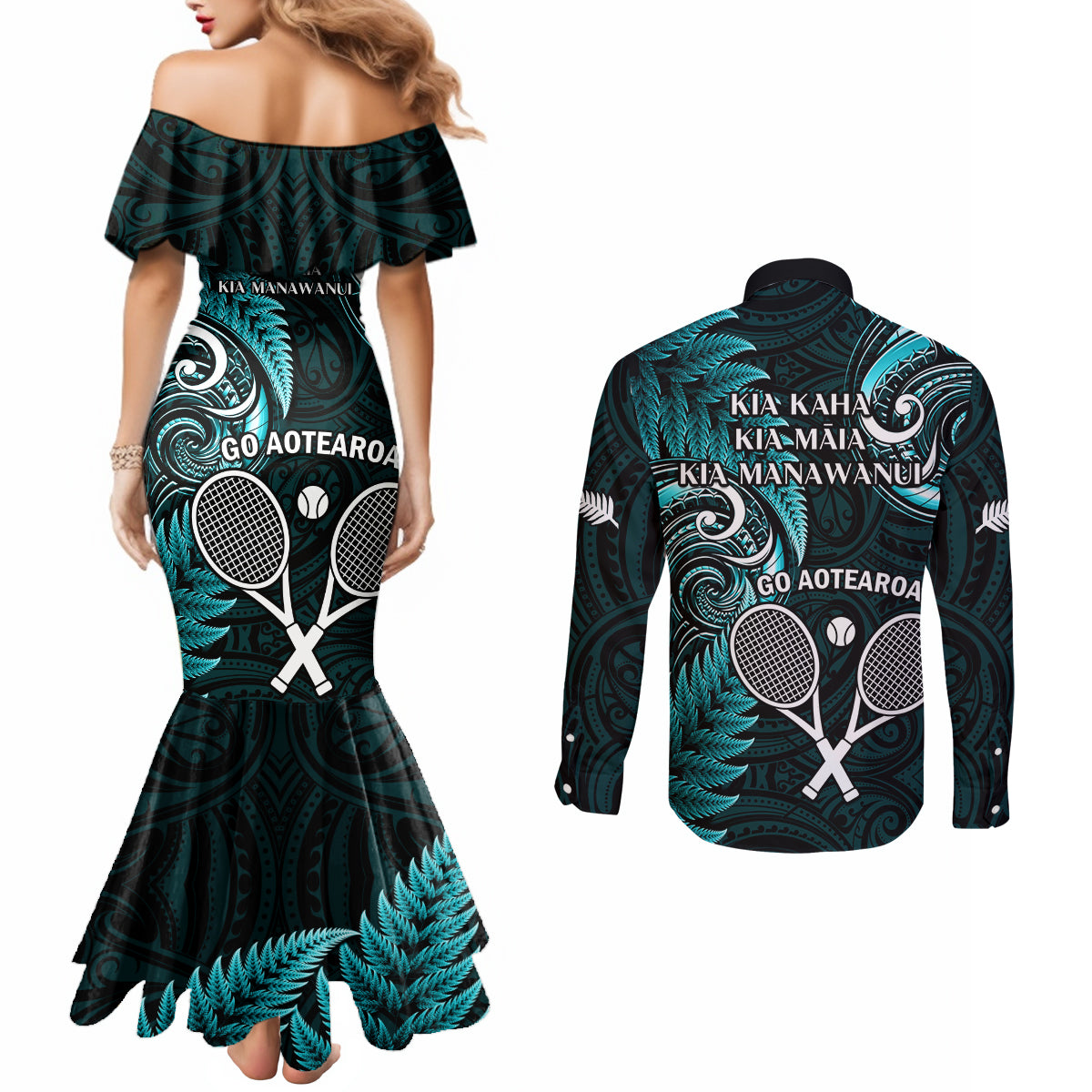 New Zealand Tiki Tennis Couples Matching Mermaid Dress and Long Sleeve Button Shirt 2024 Aotearoa Tenehi Maori Silver Fern - Turquoise