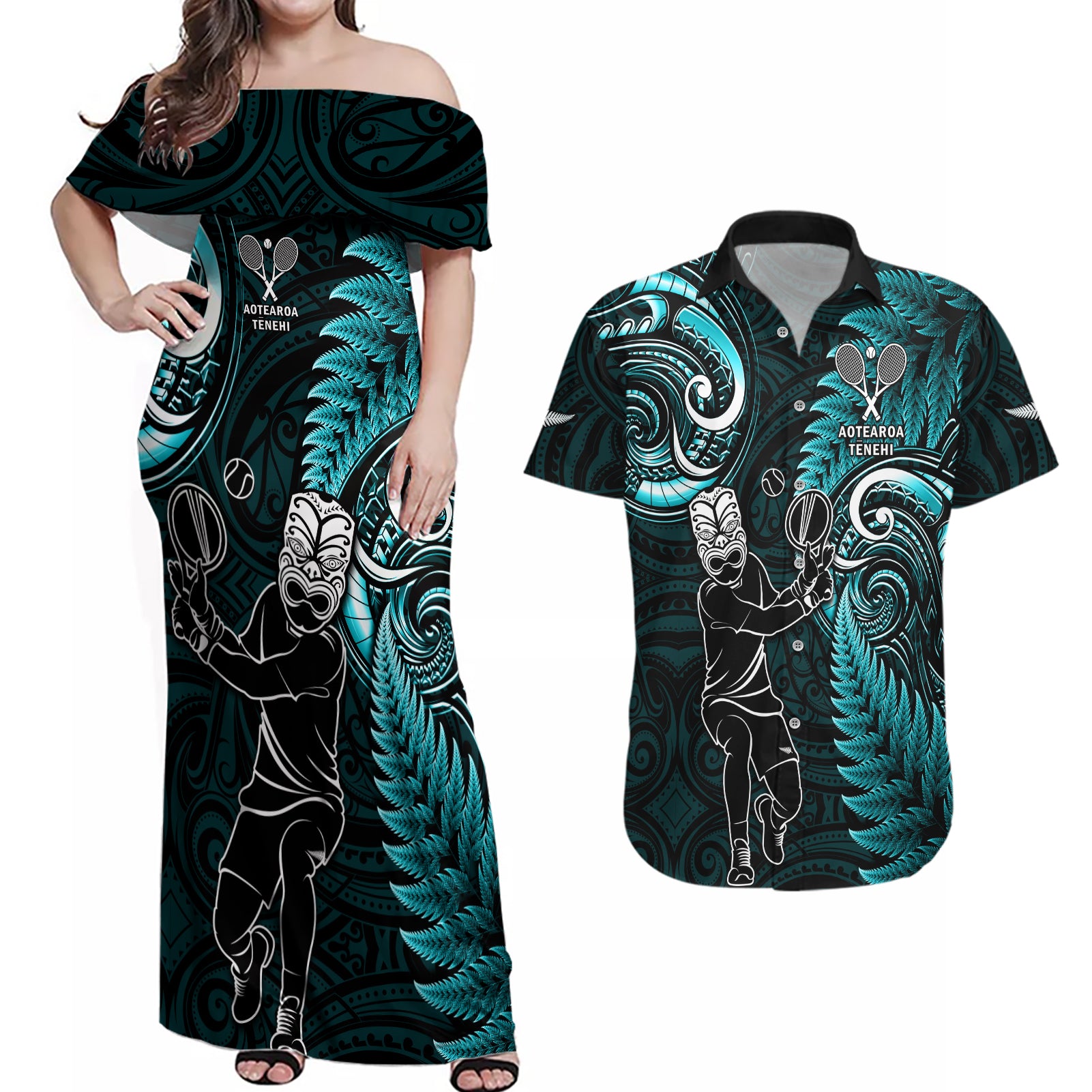 New Zealand Tiki Tennis Couples Matching Off Shoulder Maxi Dress and Hawaiian Shirt 2024 Aotearoa Tenehi Maori Silver Fern - Turquoise