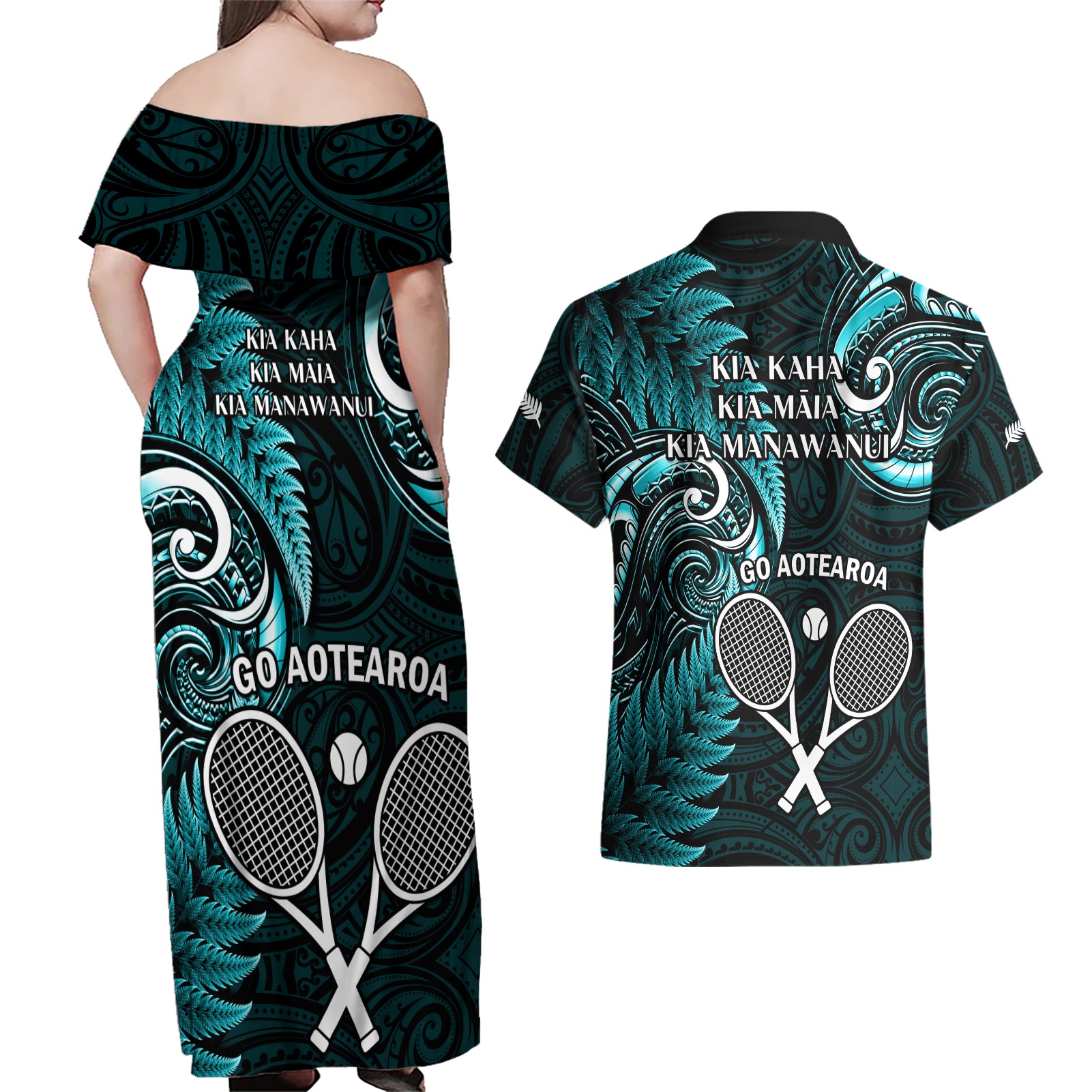 New Zealand Tiki Tennis Couples Matching Off Shoulder Maxi Dress and Hawaiian Shirt 2024 Aotearoa Tenehi Maori Silver Fern - Turquoise