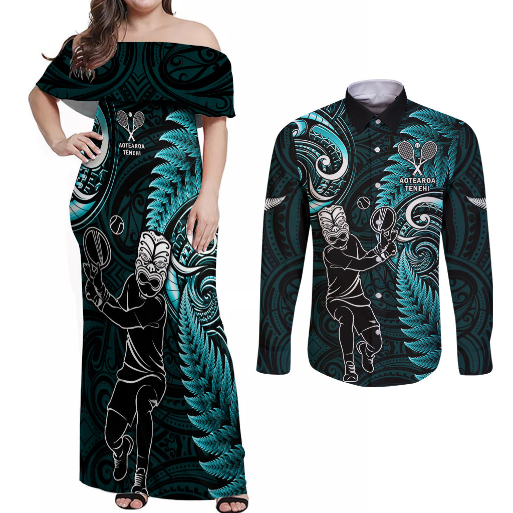 New Zealand Tiki Tennis Couples Matching Off Shoulder Maxi Dress and Long Sleeve Button Shirt 2024 Aotearoa Tenehi Maori Silver Fern - Turquoise