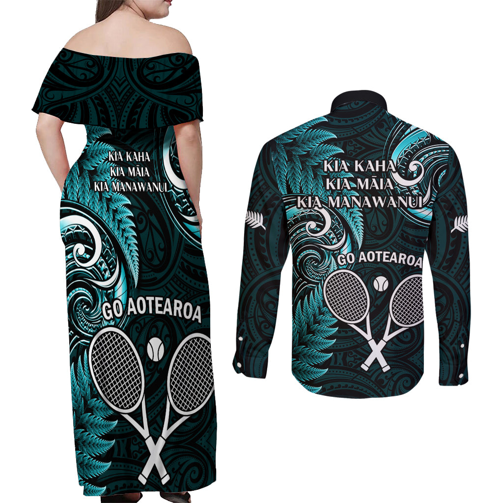 New Zealand Tiki Tennis Couples Matching Off Shoulder Maxi Dress and Long Sleeve Button Shirt 2024 Aotearoa Tenehi Maori Silver Fern - Turquoise