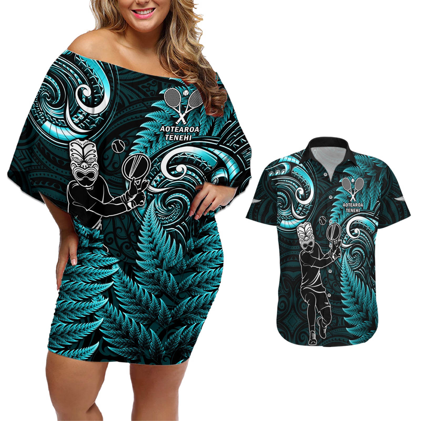 New Zealand Tiki Tennis Couples Matching Off Shoulder Short Dress and Hawaiian Shirt 2024 Aotearoa Tenehi Maori Silver Fern - Turquoise