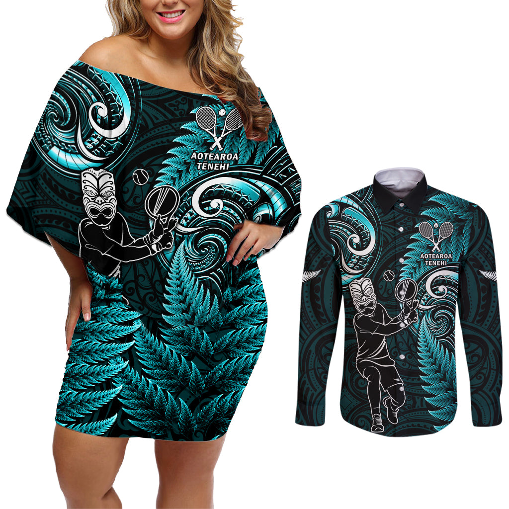 New Zealand Tiki Tennis Couples Matching Off Shoulder Short Dress and Long Sleeve Button Shirt 2024 Aotearoa Tenehi Maori Silver Fern - Turquoise