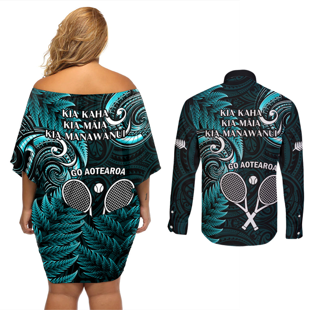 New Zealand Tiki Tennis Couples Matching Off Shoulder Short Dress and Long Sleeve Button Shirt 2024 Aotearoa Tenehi Maori Silver Fern - Turquoise