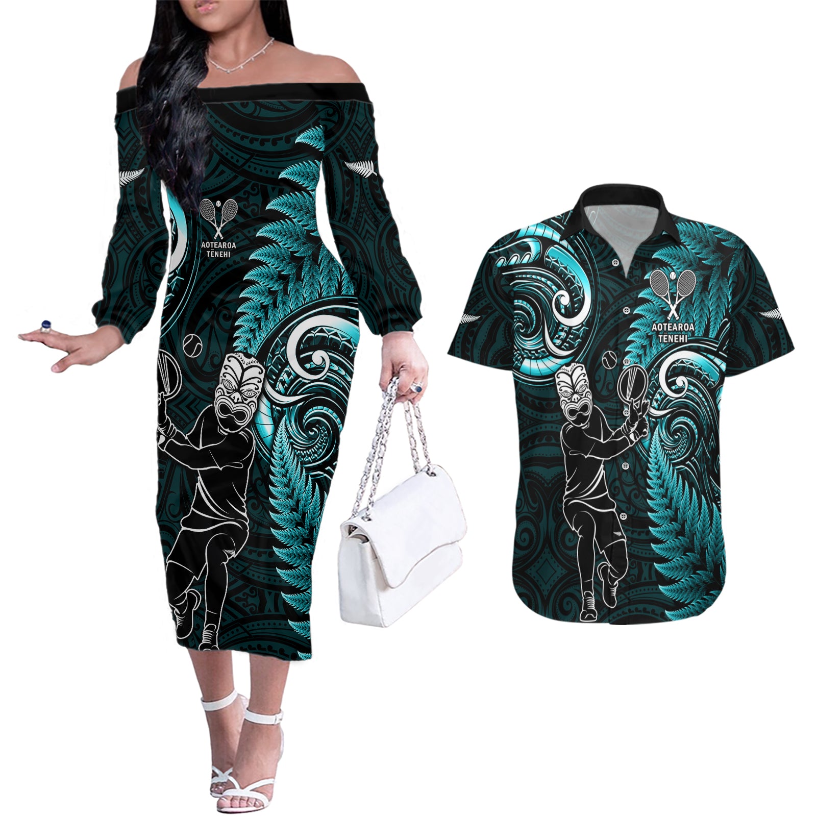 New Zealand Tiki Tennis Couples Matching Off The Shoulder Long Sleeve Dress and Hawaiian Shirt 2024 Aotearoa Tenehi Maori Silver Fern - Turquoise