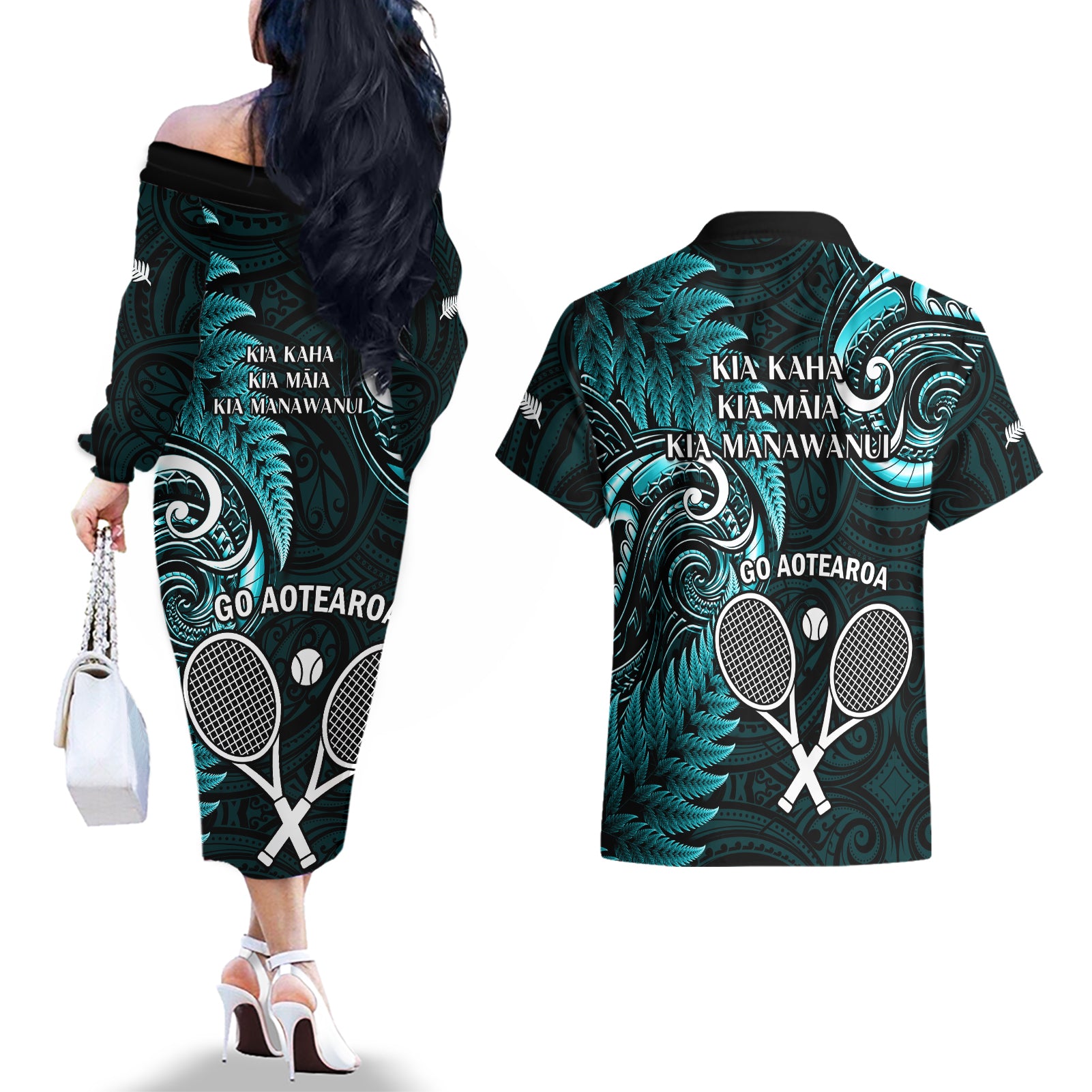 New Zealand Tiki Tennis Couples Matching Off The Shoulder Long Sleeve Dress and Hawaiian Shirt 2024 Aotearoa Tenehi Maori Silver Fern - Turquoise