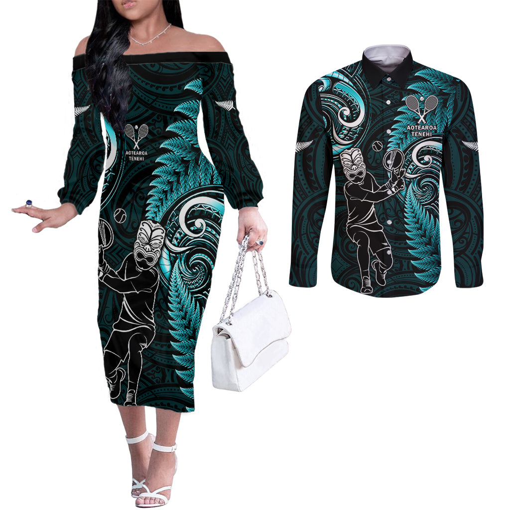 New Zealand Tiki Tennis Couples Matching Off The Shoulder Long Sleeve Dress and Long Sleeve Button Shirt 2024 Aotearoa Tenehi Maori Silver Fern - Turquoise