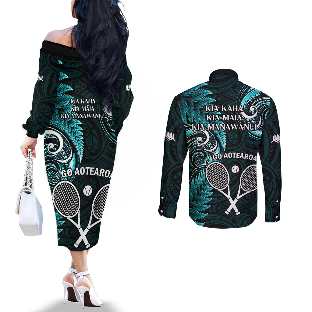 New Zealand Tiki Tennis Couples Matching Off The Shoulder Long Sleeve Dress and Long Sleeve Button Shirt 2024 Aotearoa Tenehi Maori Silver Fern - Turquoise