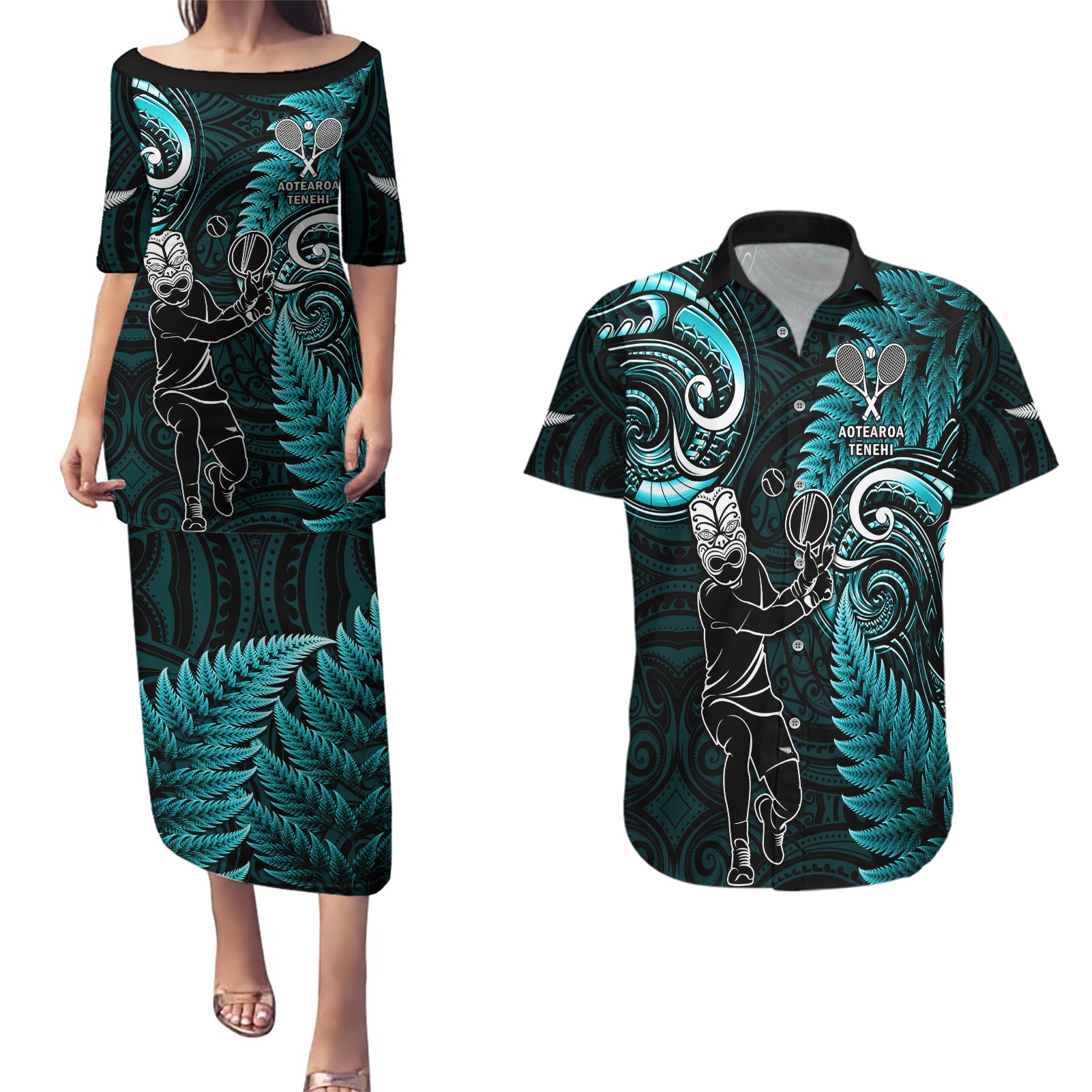 New Zealand Tiki Tennis Couples Matching Puletasi and Hawaiian Shirt 2024 Aotearoa Tenehi Maori Silver Fern - Turquoise