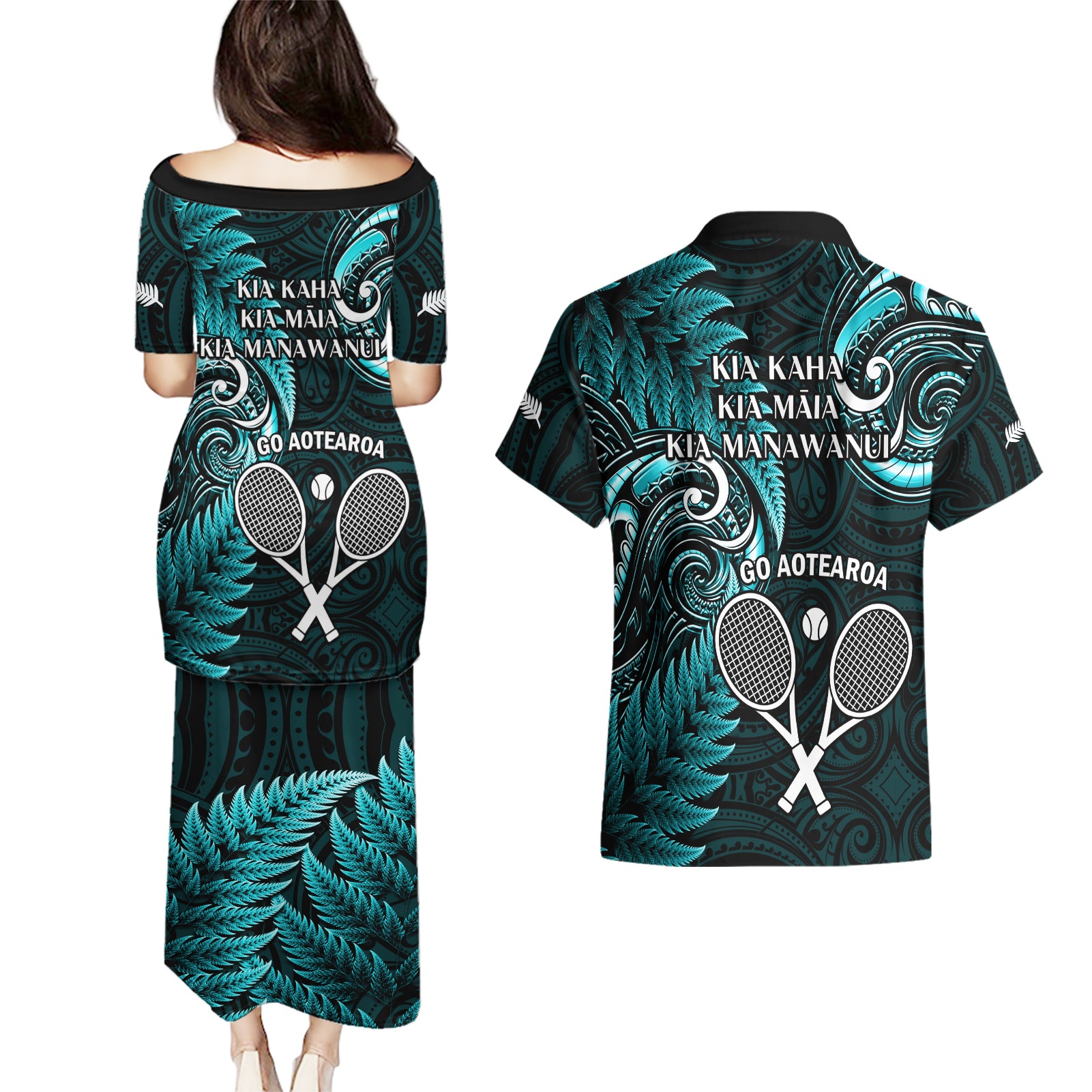 New Zealand Tiki Tennis Couples Matching Puletasi and Hawaiian Shirt 2024 Aotearoa Tenehi Maori Silver Fern - Turquoise