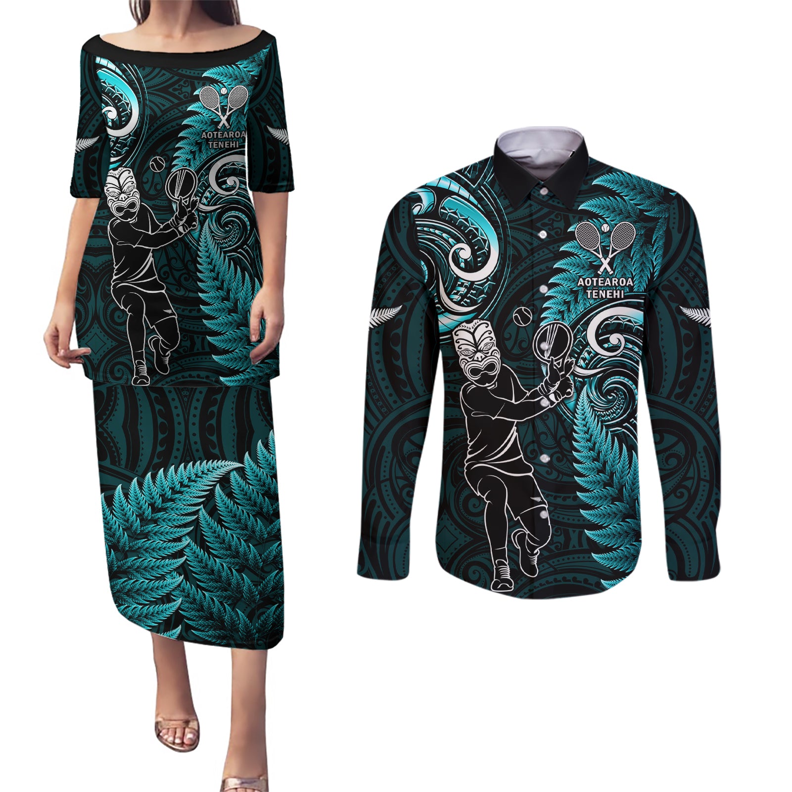 New Zealand Tiki Tennis Couples Matching Puletasi and Long Sleeve Button Shirt 2024 Aotearoa Tenehi Maori Silver Fern - Turquoise