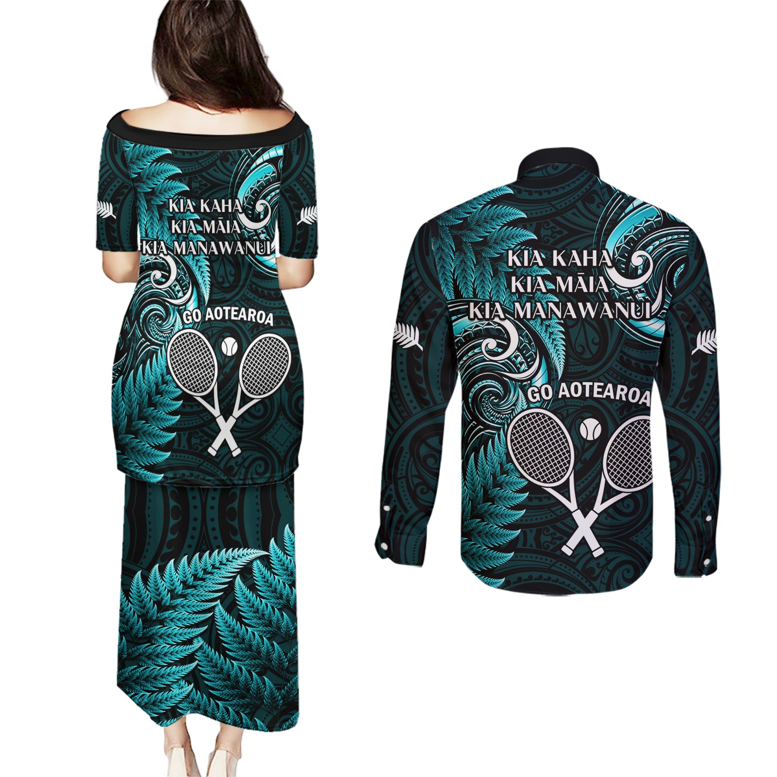 New Zealand Tiki Tennis Couples Matching Puletasi and Long Sleeve Button Shirt 2024 Aotearoa Tenehi Maori Silver Fern - Turquoise