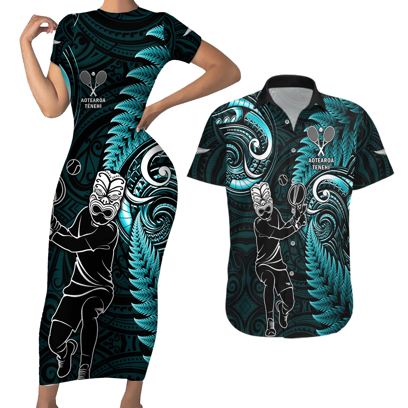 New Zealand Tiki Tennis Couples Matching Short Sleeve Bodycon Dress and Hawaiian Shirt 2024 Aotearoa Tenehi Maori Silver Fern - Turquoise