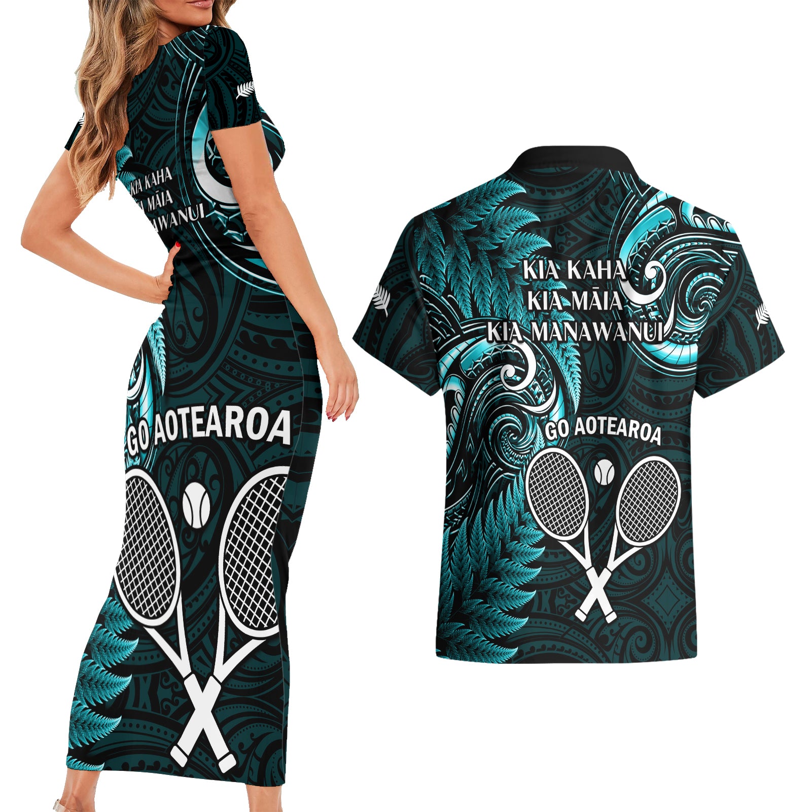 New Zealand Tiki Tennis Couples Matching Short Sleeve Bodycon Dress and Hawaiian Shirt 2024 Aotearoa Tenehi Maori Silver Fern - Turquoise