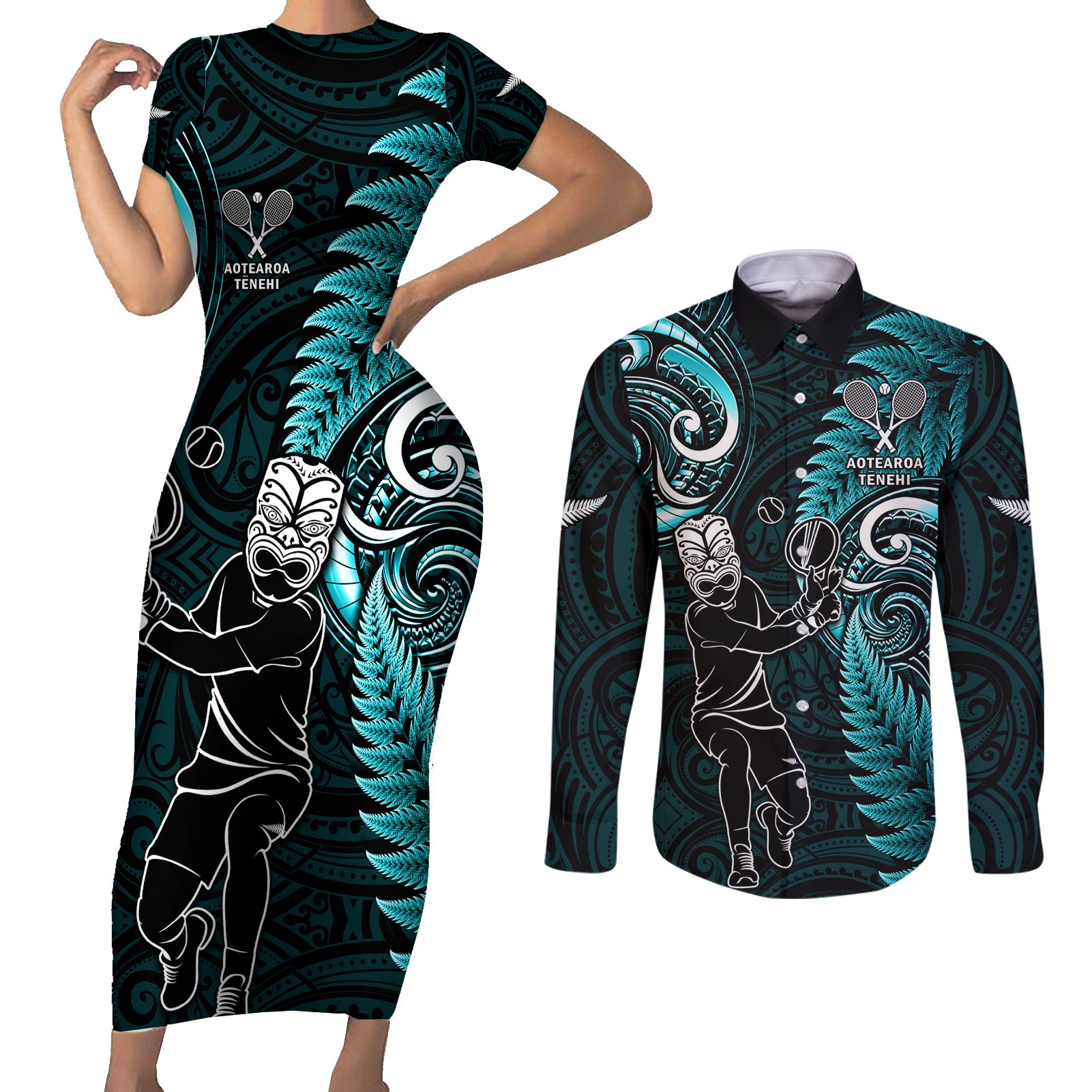 New Zealand Tiki Tennis Couples Matching Short Sleeve Bodycon Dress and Long Sleeve Button Shirt 2024 Aotearoa Tenehi Maori Silver Fern - Turquoise