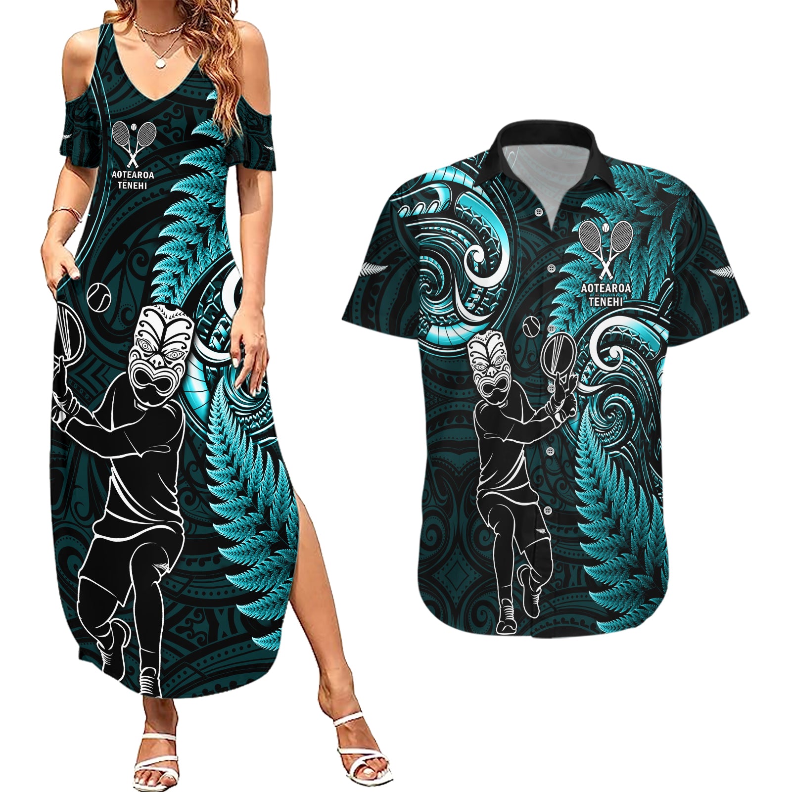 New Zealand Tiki Tennis Couples Matching Summer Maxi Dress and Hawaiian Shirt 2024 Aotearoa Tenehi Maori Silver Fern - Turquoise