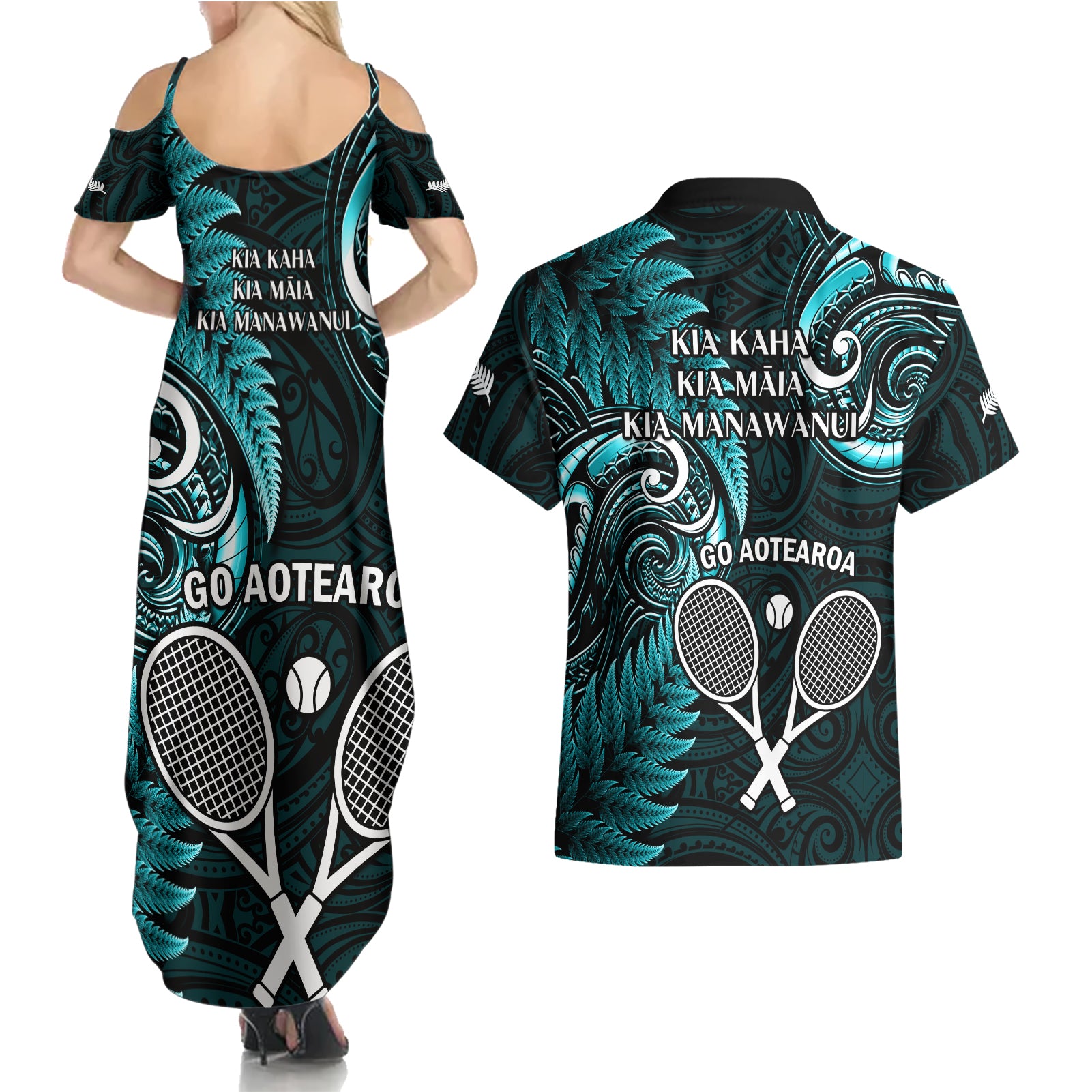 New Zealand Tiki Tennis Couples Matching Summer Maxi Dress and Hawaiian Shirt 2024 Aotearoa Tenehi Maori Silver Fern - Turquoise