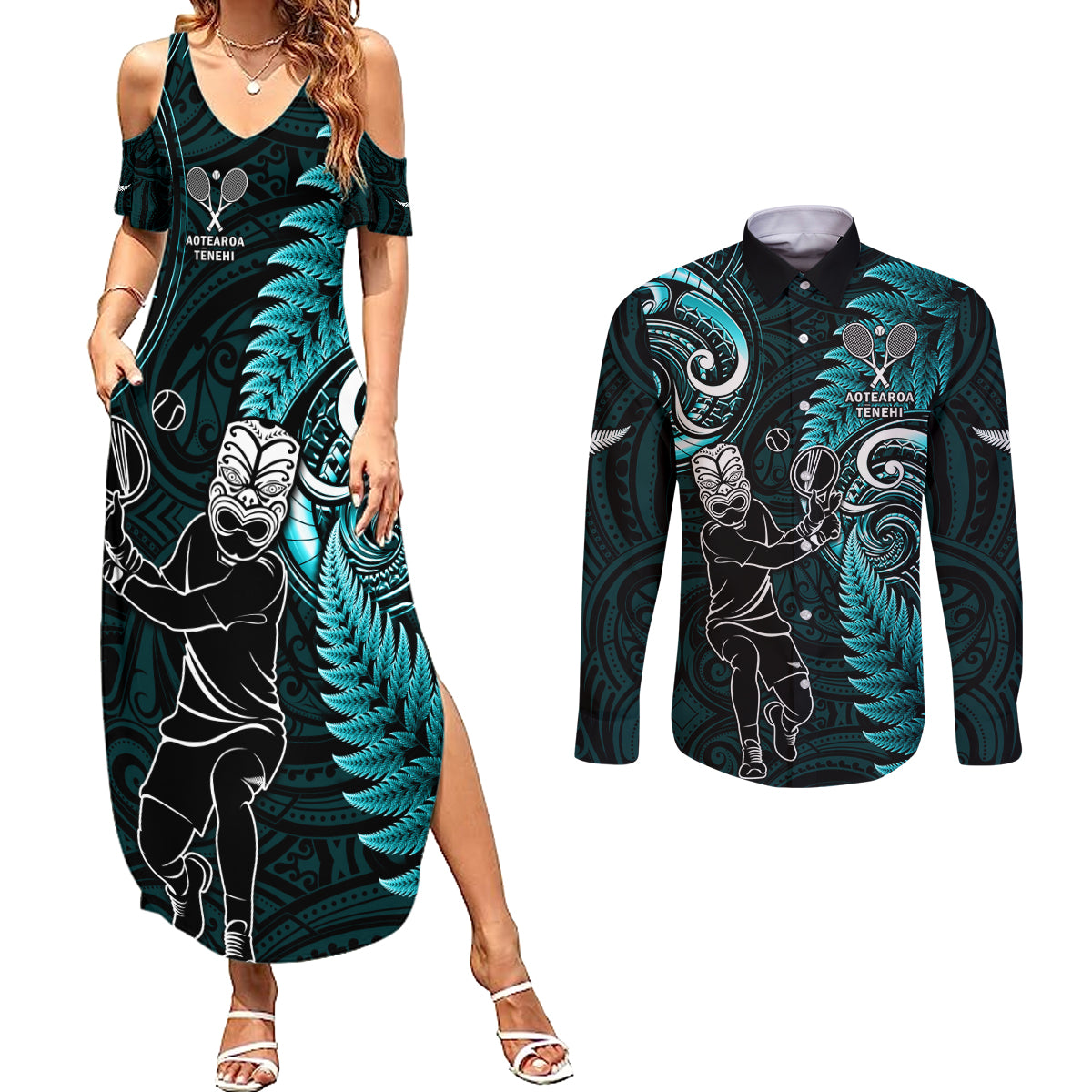 New Zealand Tiki Tennis Couples Matching Summer Maxi Dress and Long Sleeve Button Shirt 2024 Aotearoa Tenehi Maori Silver Fern - Turquoise