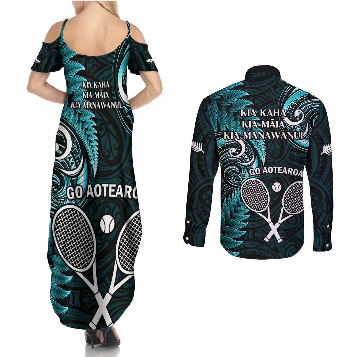 New Zealand Tiki Tennis Couples Matching Summer Maxi Dress and Long Sleeve Button Shirt 2024 Aotearoa Tenehi Maori Silver Fern - Turquoise