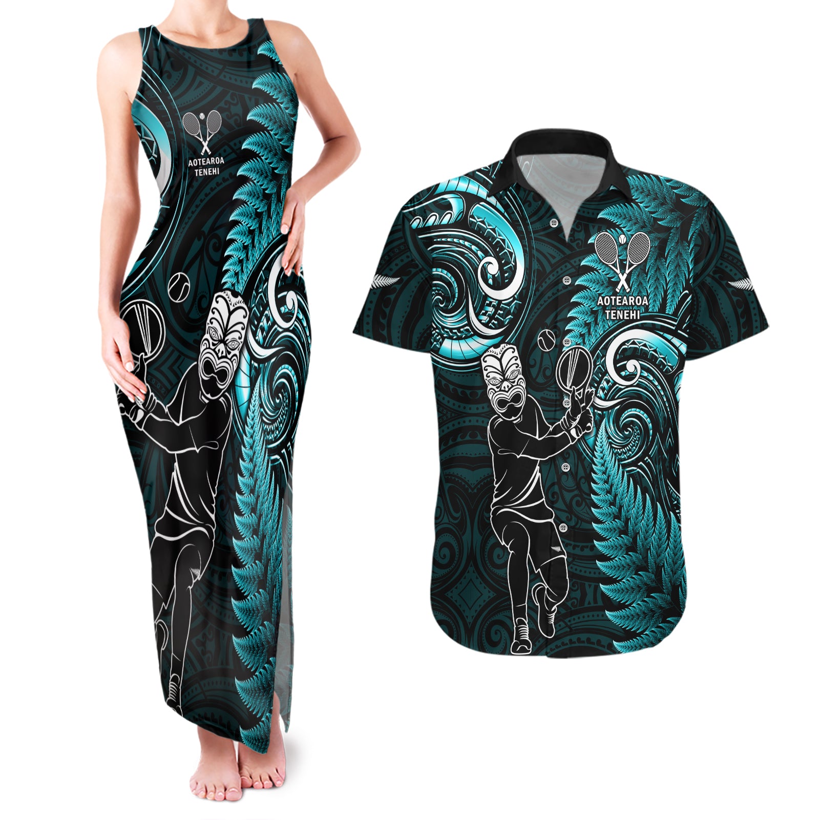 New Zealand Tiki Tennis Couples Matching Tank Maxi Dress and Hawaiian Shirt 2024 Aotearoa Tenehi Maori Silver Fern - Turquoise