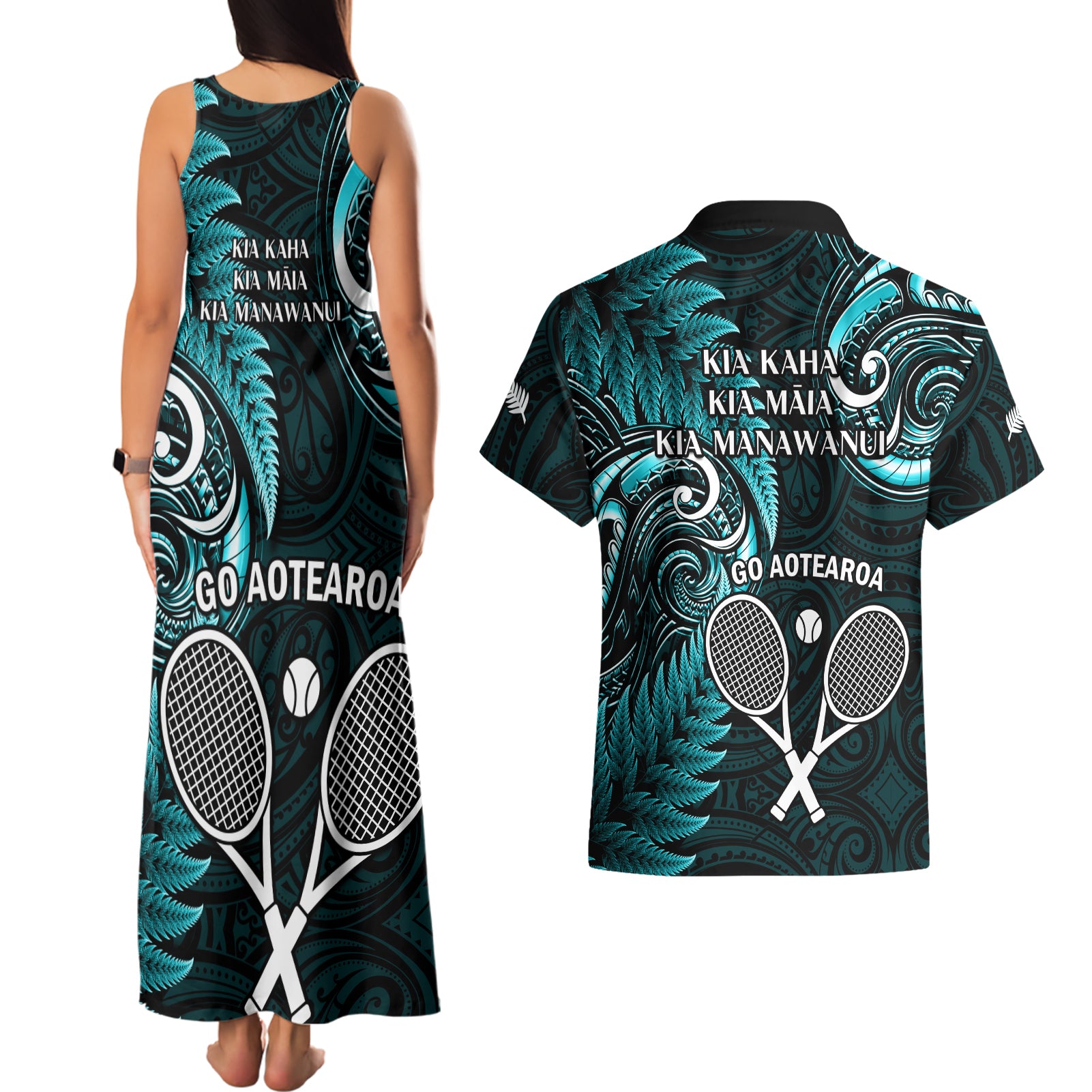 New Zealand Tiki Tennis Couples Matching Tank Maxi Dress and Hawaiian Shirt 2024 Aotearoa Tenehi Maori Silver Fern - Turquoise