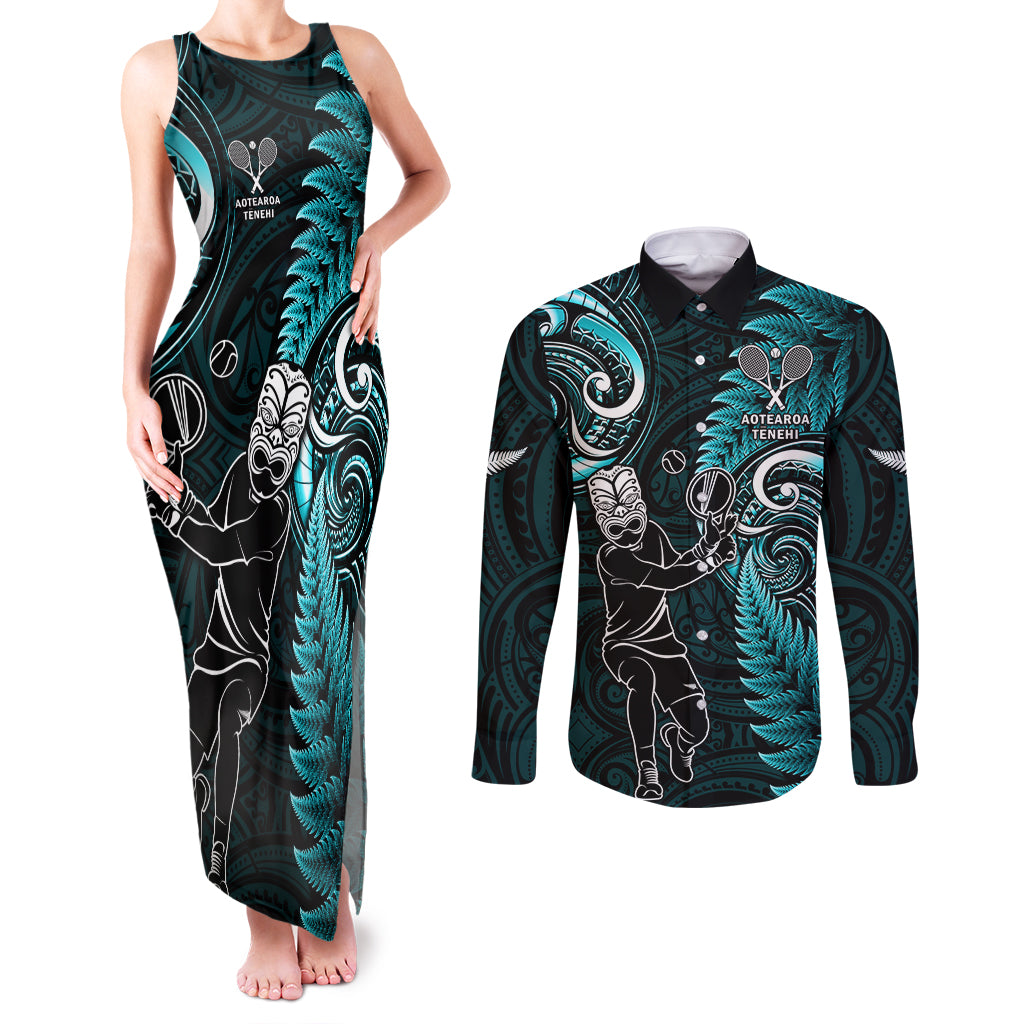 New Zealand Tiki Tennis Couples Matching Tank Maxi Dress and Long Sleeve Button Shirt 2024 Aotearoa Tenehi Maori Silver Fern - Turquoise