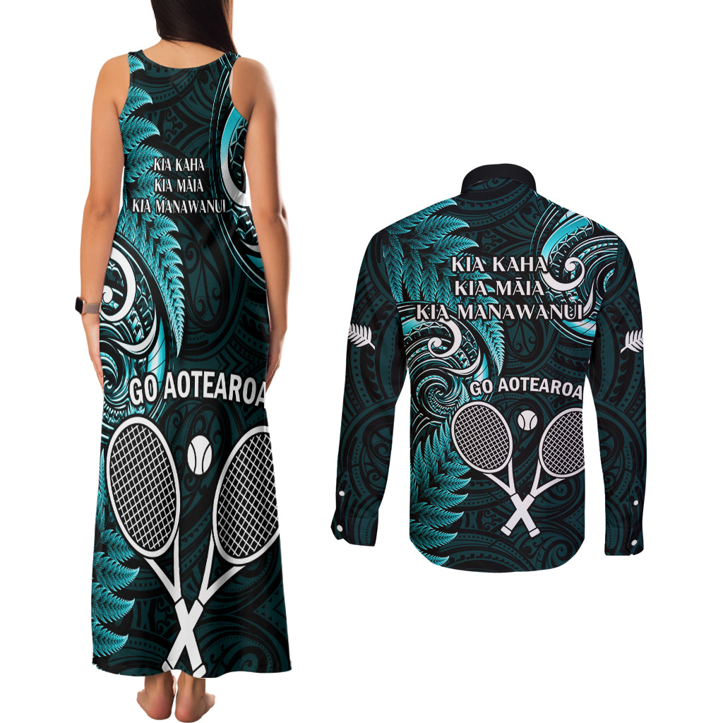 New Zealand Tiki Tennis Couples Matching Tank Maxi Dress and Long Sleeve Button Shirt 2024 Aotearoa Tenehi Maori Silver Fern - Turquoise