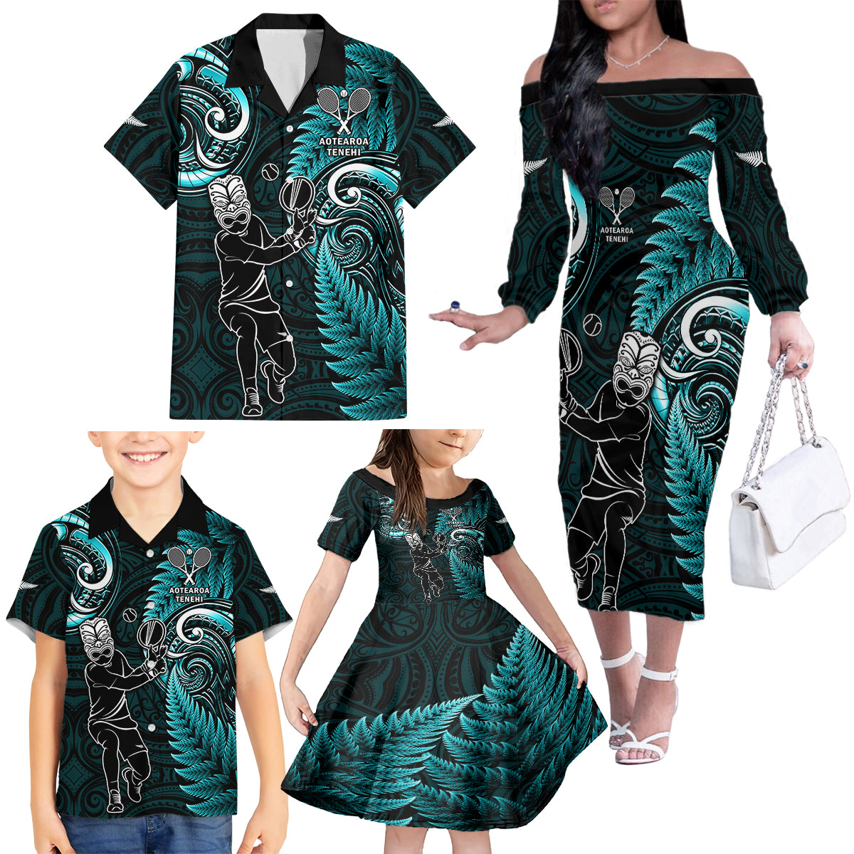 New Zealand Tiki Tennis Family Matching Off Shoulder Long Sleeve Dress and Hawaiian Shirt 2024 Aotearoa Tenehi Maori Silver Fern - Turquoise