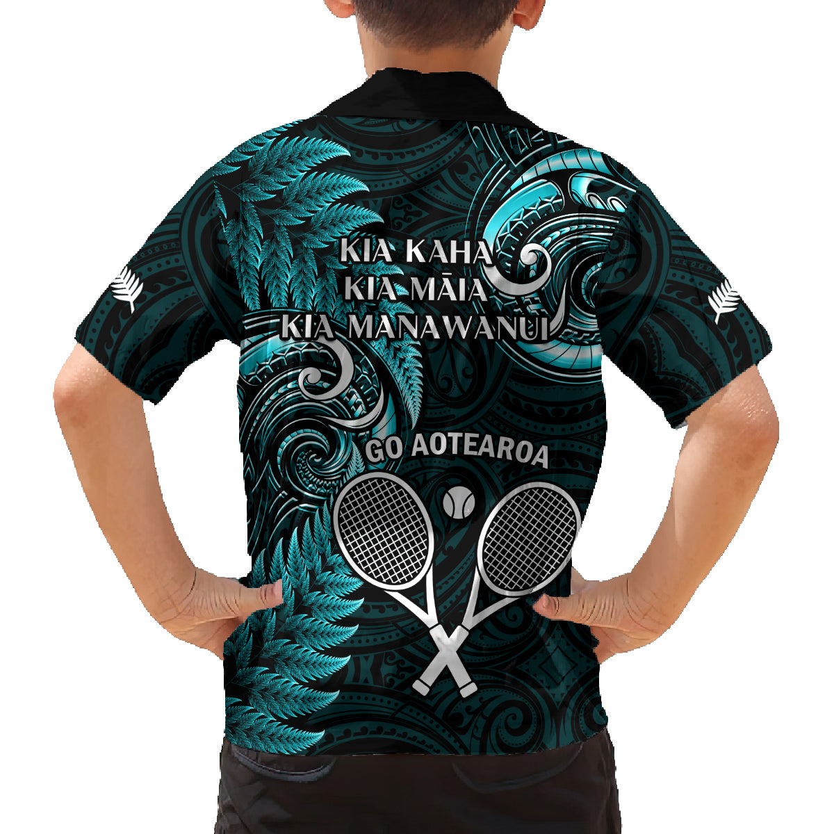 New Zealand Tiki Tennis Family Matching Off Shoulder Long Sleeve Dress and Hawaiian Shirt 2024 Aotearoa Tenehi Maori Silver Fern - Turquoise